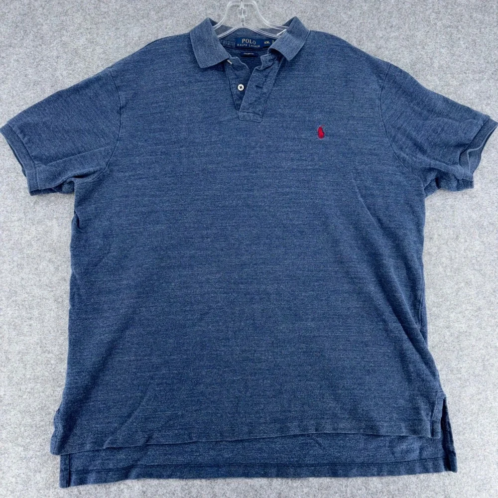 Polo Ralph Lauren Men XXL Blue Heathered Cotton Custom Fit Polo Shirt Red Pony